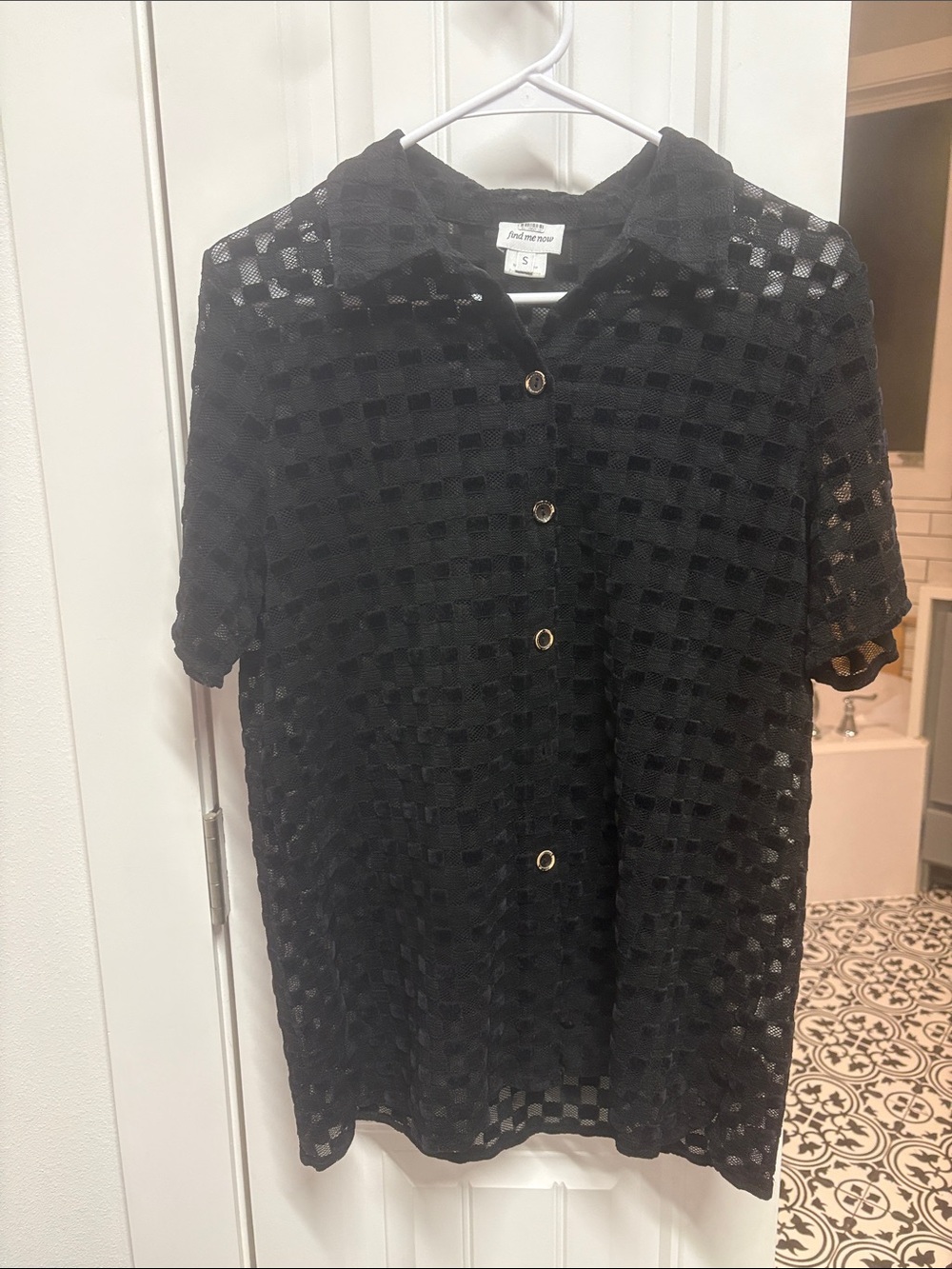Black Sheer Checker Button-Up Top and swimsuit cover
